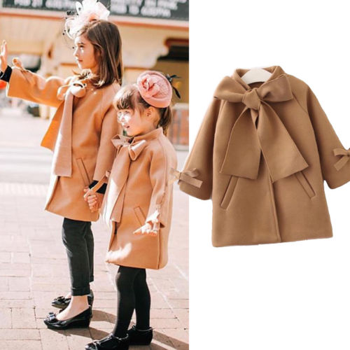 Toddler Kids Cute Baby Girls Wool Blend Bow Knot Coats Brown Outerwear Clothes - ebowsos