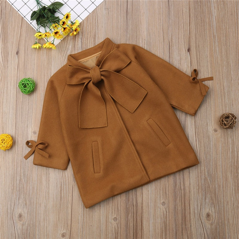 Toddler Kids Cute Baby Girls Wool Blend Bow Knot Coats Brown Outerwear Clothes - ebowsos