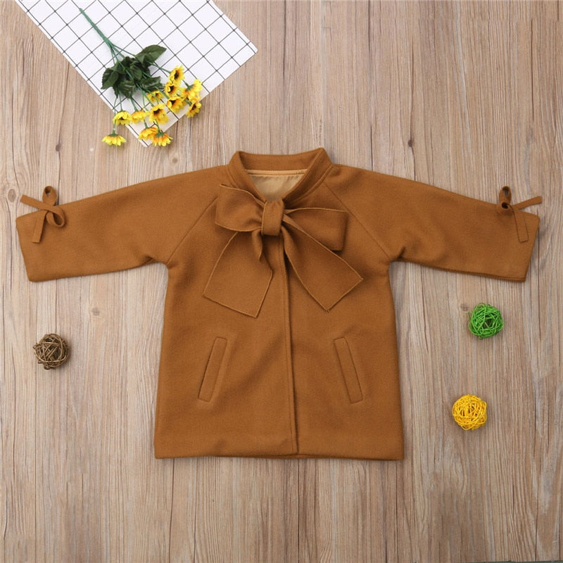 Toddler Kids Cute Baby Girls Wool Blend Bow Knot Coats Brown Outerwear Clothes - ebowsos