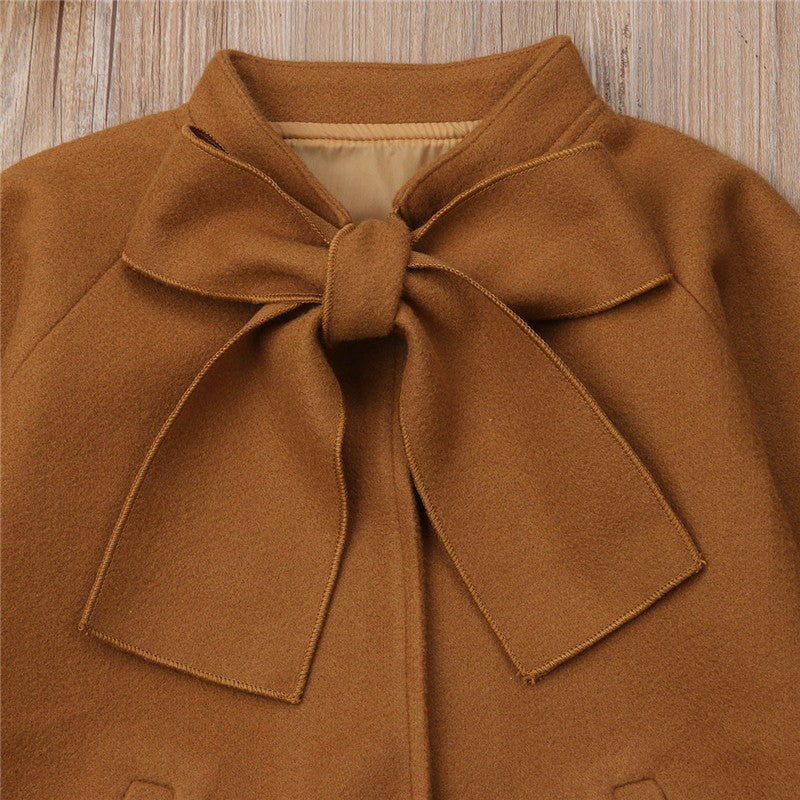 Toddler Kids Cute Baby Girls Wool Blend Bow Knot Coats Brown Outerwear Clothes - ebowsos