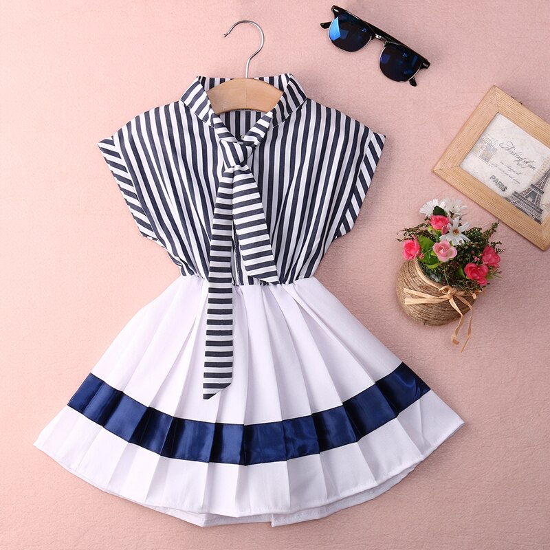 Toddler Kids Girls Dress Navy Stripe  Summer Children Clothing Sundress Summer Party Dress Clothes 2-7Y - ebowsos