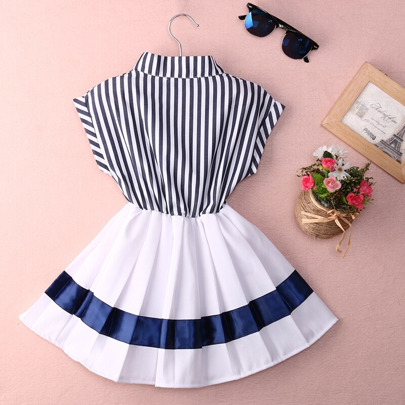 Toddler Kids Girls Dress Navy Stripe  Summer Children Clothing Sundress Summer Party Dress Clothes 2-7Y - ebowsos