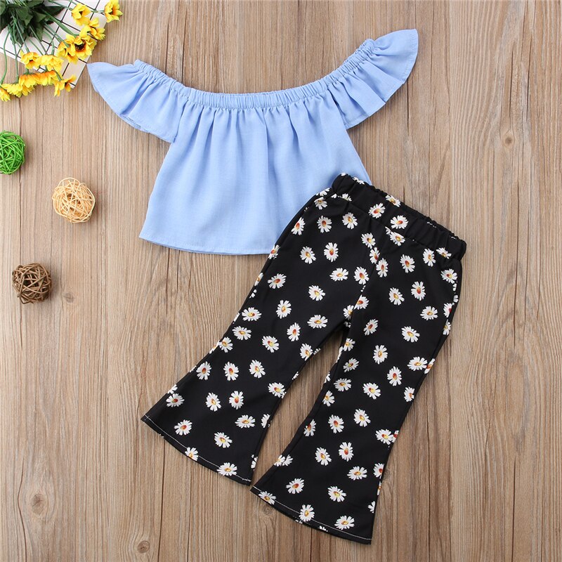 Toddler Kids Girls Off Shoulder Fly Sleeve Tops +Sunflower Flare Pants 2Pcs Outfit Set Clothes - ebowsos