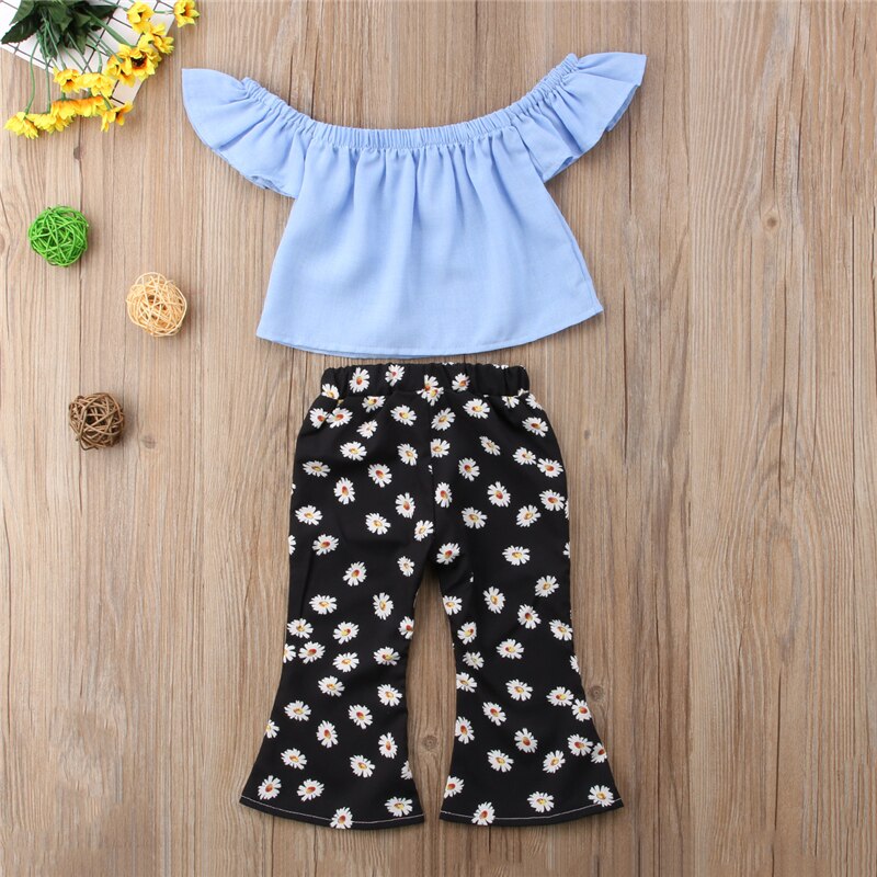 Toddler Kids Girls Off Shoulder Fly Sleeve Tops +Sunflower Flare Pants 2Pcs Outfit Set Clothes - ebowsos