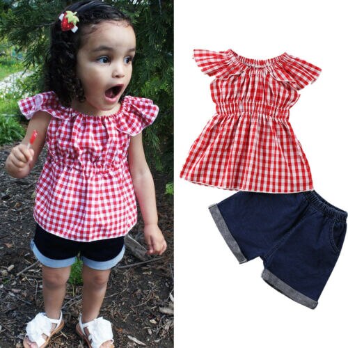 Toddler Kids Girls Plaid Tops T-shirt & Denim Shorts Casual Outfits Set 1-6Y - ebowsos