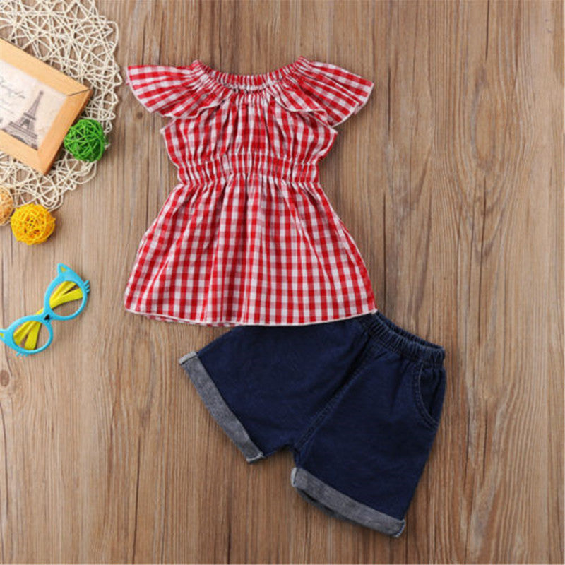 Toddler Kids Girls Plaid Tops T-shirt & Denim Shorts Casual Outfits Set 1-6Y - ebowsos