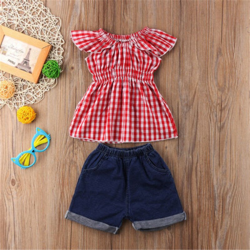 Toddler Kids Girls Plaid Tops T-shirt & Denim Shorts Casual Outfits Set 1-6Y - ebowsos