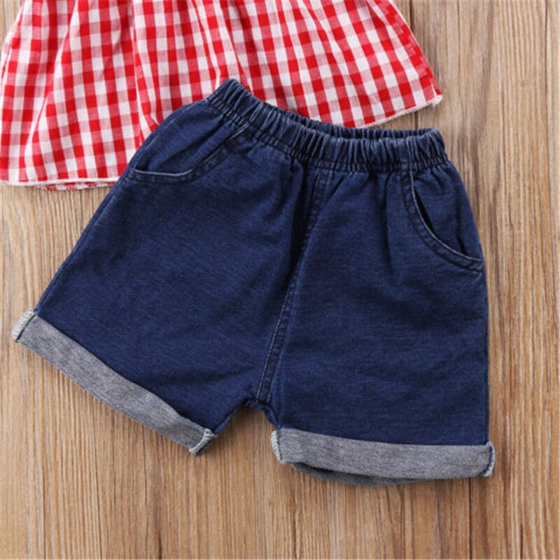 Toddler Kids Girls Plaid Tops T-shirt & Denim Shorts Casual Outfits Set 1-6Y - ebowsos