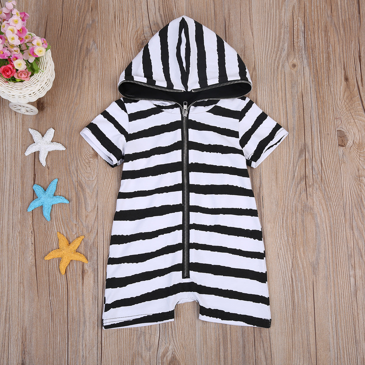 Toddler Newborn Baby Boys Girls Hooded Striped Romper Short Sleeve Jumpsuit Clothes Outfits - ebowsos