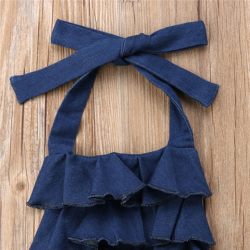 Toddlers Kids Denim Pants Clothes Girls Wide Leg Ruffles Bib Pants Jumpsuit Jeans Outfits Children Capri Clothes - ebowsos