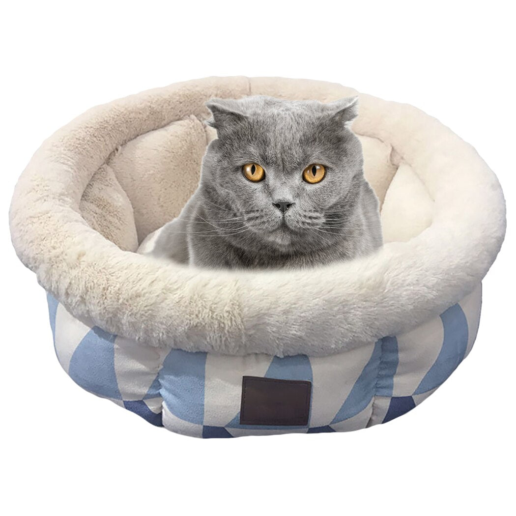 Ultra Soft Geometric Pattern Washable Pet Bed Deep Sleep Pet Teddy Doll Dog Cat Nest Semicircular Style Winter Bed-ebowsos