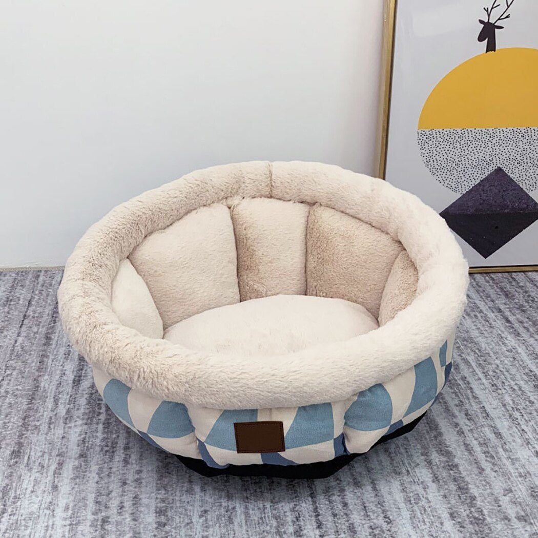 Ultra Soft Geometric Pattern Washable Pet Bed Deep Sleep Pet Teddy Doll Dog Cat Nest Semicircular Style Winter Bed-ebowsos