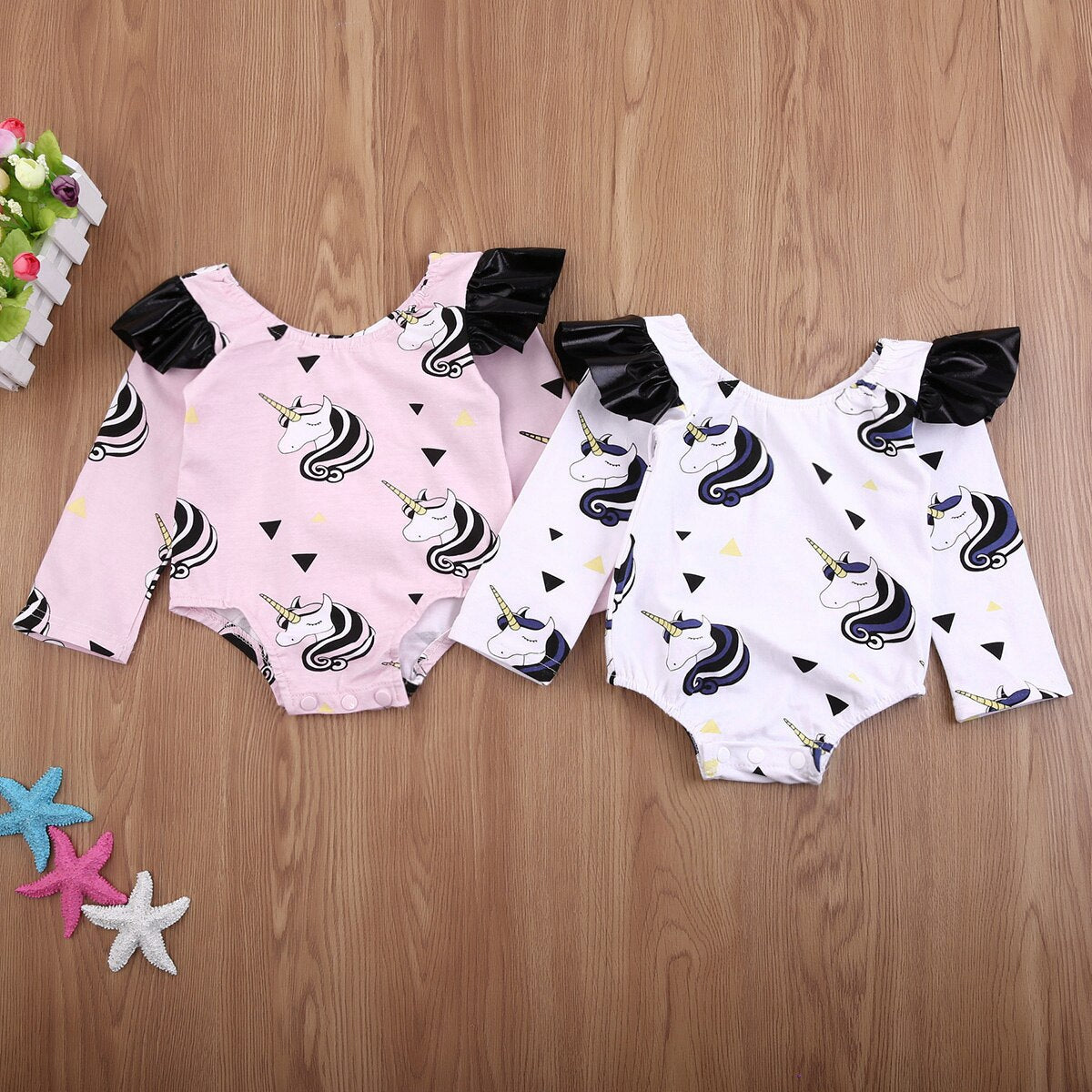 Unicorn Cotton Long Sleeve Baby Girl Cute Jumpsuit Bodysuit Clothes Pink/White - ebowsos