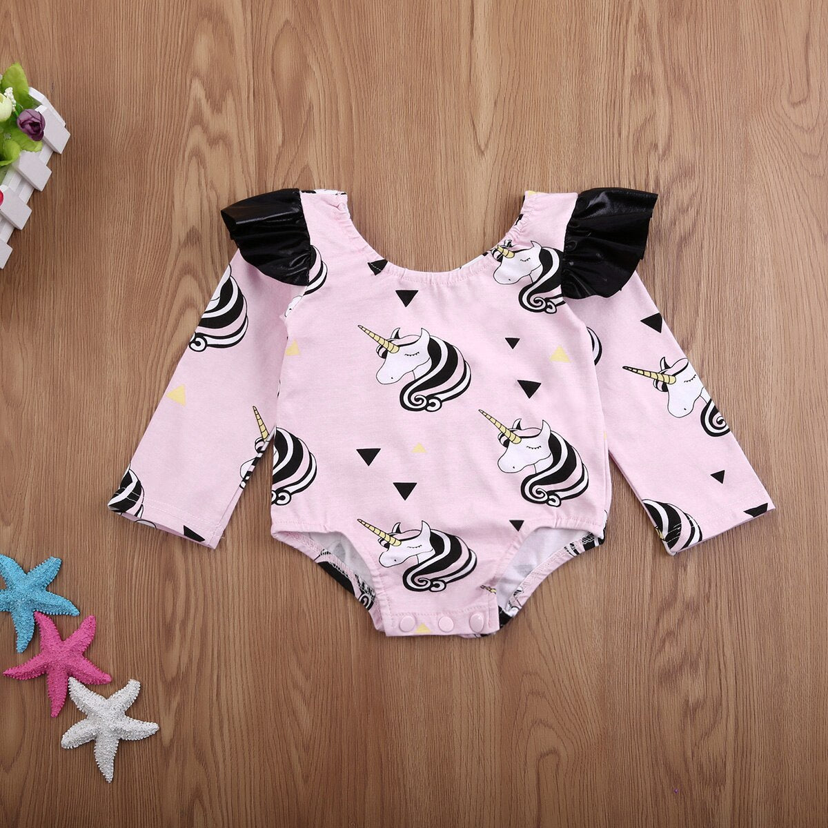 Unicorn Cotton Long Sleeve Baby Girl Cute Jumpsuit Bodysuit Clothes Pink/White - ebowsos