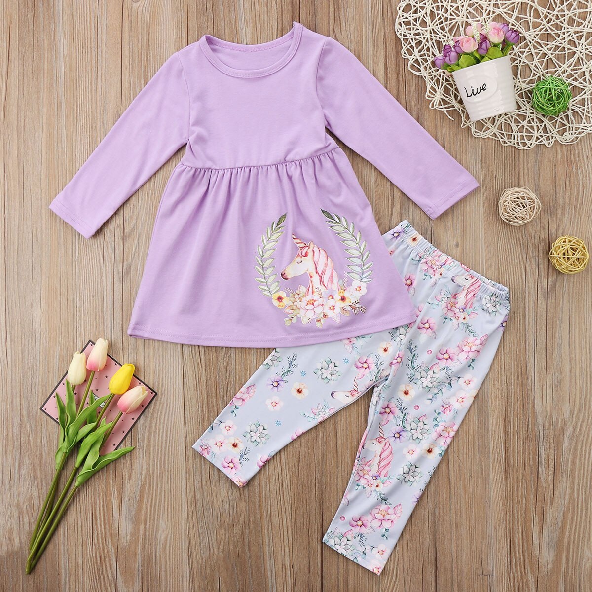 Unicorn Toddler Kid Baby Girls Unicorn Top Soft Cartoon Long Sleeve Blouse Flower Long Pants Leggings Outfits Set Clothes - ebowsos