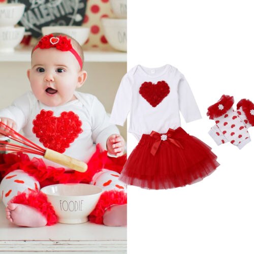 Valentine Gift Newborn Baby Girl Long Sleeve Heart Bodysuit Tops Tutu Skirt Leg Warmer 3PCS Princess Girls Clothing Set - ebowsos