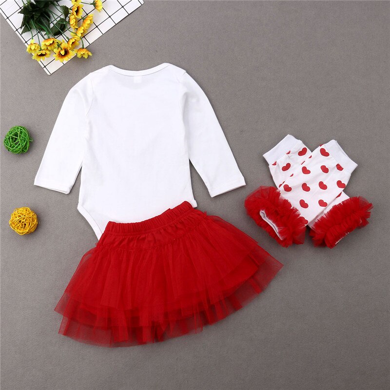 Valentine Gift Newborn Baby Girl Long Sleeve Heart Bodysuit Tops Tutu Skirt Leg Warmer 3PCS Princess Girls Clothing Set - ebowsos