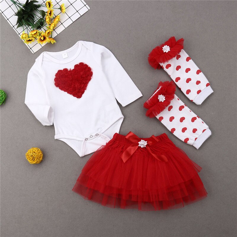 Valentine Gift Newborn Baby Girl Long Sleeve Heart Bodysuit Tops Tutu Skirt Leg Warmer 3PCS Princess Girls Clothing Set - ebowsos