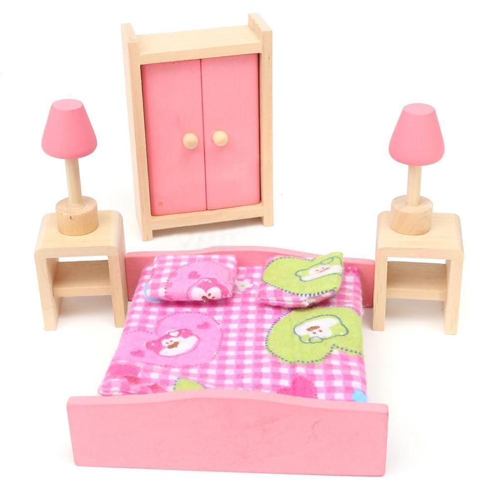 Wooden Bedroom Dolls House Furniture Miniature For Kids Children Toy Gift High Quality-ebowsos