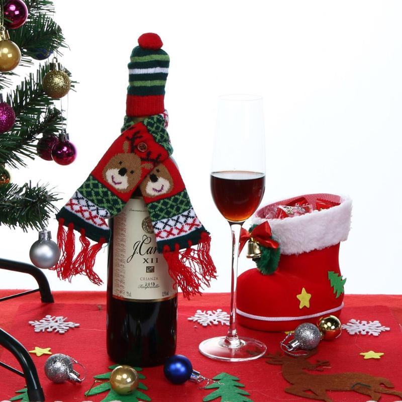 Wine Hold Bottle Cover Knitted Christmas Scarf and Hat Decor D4 - ebowsos