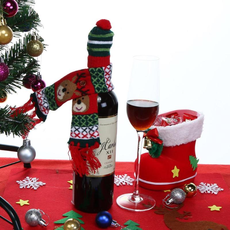 Wine Hold Bottle Cover Knitted Christmas Scarf and Hat Decor D4 - ebowsos