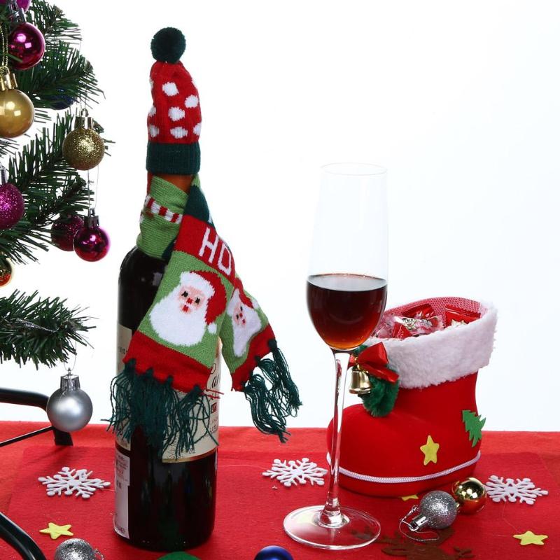 Wine Hold Bottle Cover Knitted Christmas Scarf and Hat Decor D4 - ebowsos