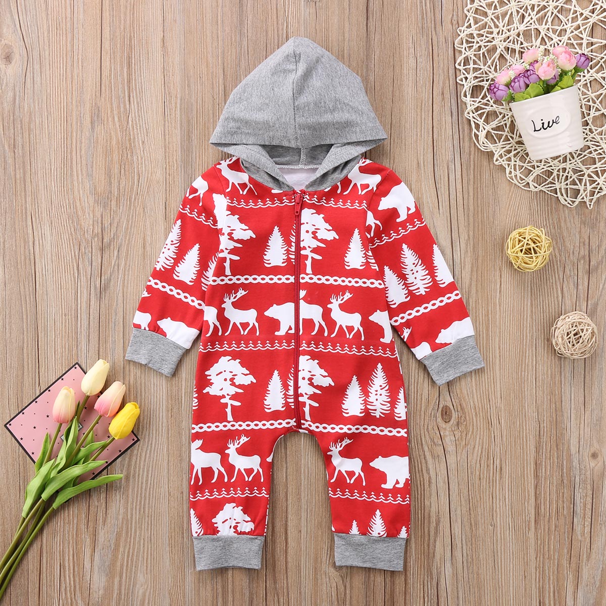 Winter Cartoon Deer Tree Christmas Baby Boys Girls Hooded Romper Jumpsuit Long Sleeve Hoodie Clothes Outfits - ebowsos