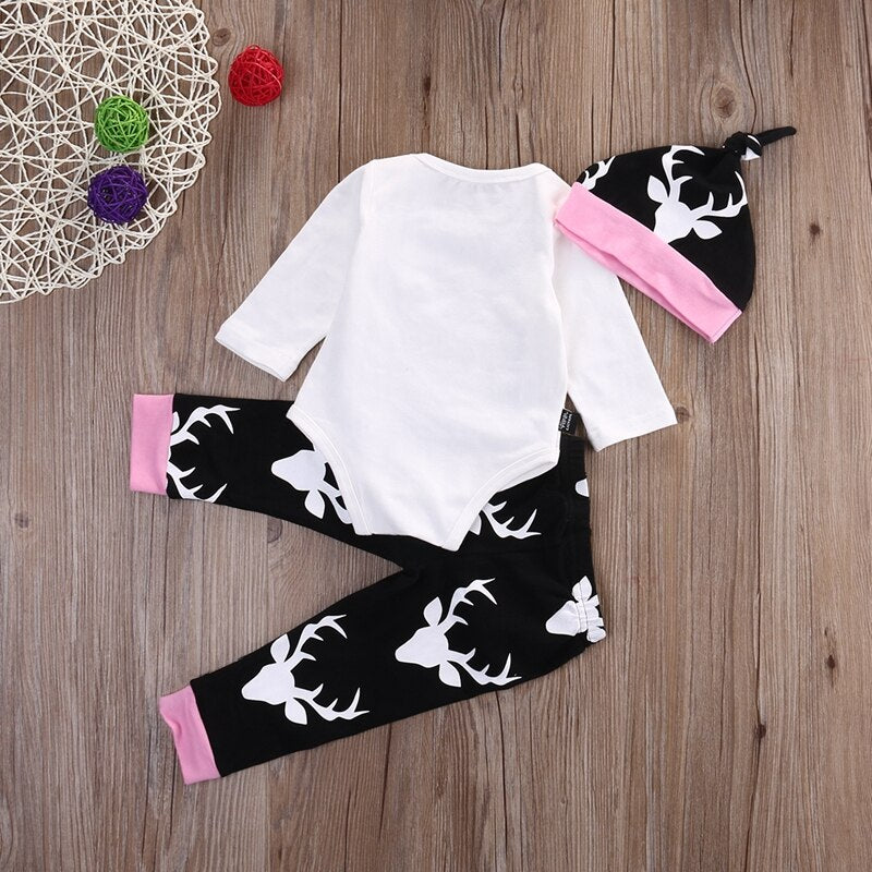 Winter Children Clothing Cute Deer Newborn Infant Baby Girls Tops Romper +Long Pants Hat Outfits Clothes 0-18M - ebowsos