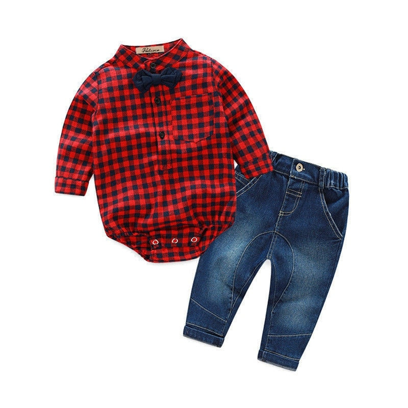 Winter Handsome Newborn Baby Boys Children Clothing Long Sleeve Plaid Romper Tops+Pants 2PCS Outfits Set - ebowsos