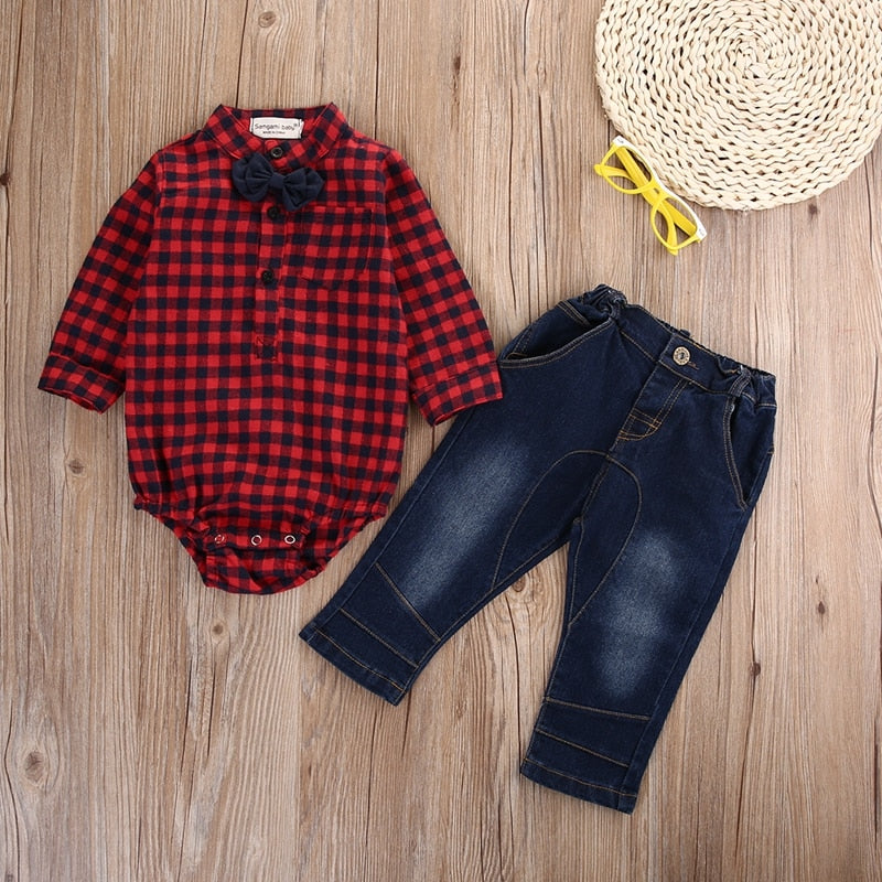 Winter Handsome Newborn Baby Boys Children Clothing Long Sleeve Plaid Romper Tops+Pants 2PCS Outfits Set - ebowsos