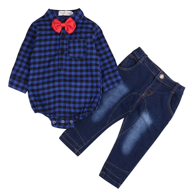 Winter Handsome Newborn Baby Boys Children Clothing Long Sleeve Plaid Romper Tops+Pants 2PCS Outfits Set - ebowsos