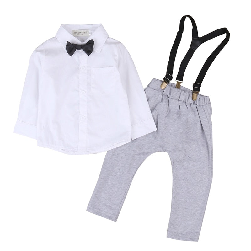 Winter Newborn Baby Boys Clothes Gentleman Clothes Cotton Long Sleeve Shirt Tops Bib Pants Outfits Set 2Pcs - ebowsos