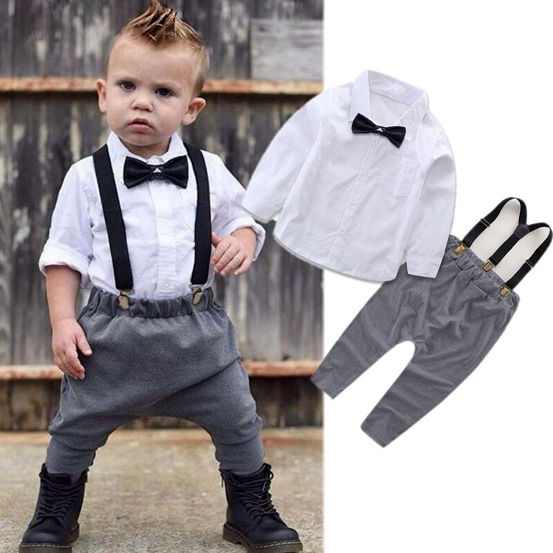 Winter Newborn Baby Boys Clothes Gentleman Clothes Cotton Long Sleeve Shirt Tops Bib Pants Outfits Set 2Pcs - ebowsos