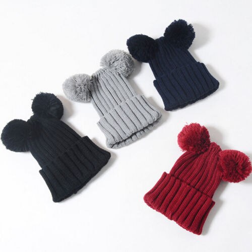 Winter Newborn Baby Winter Hat Ball Pompom Kids Girl Boys Mouse Ear Knitted Wool Cap - ebowsos