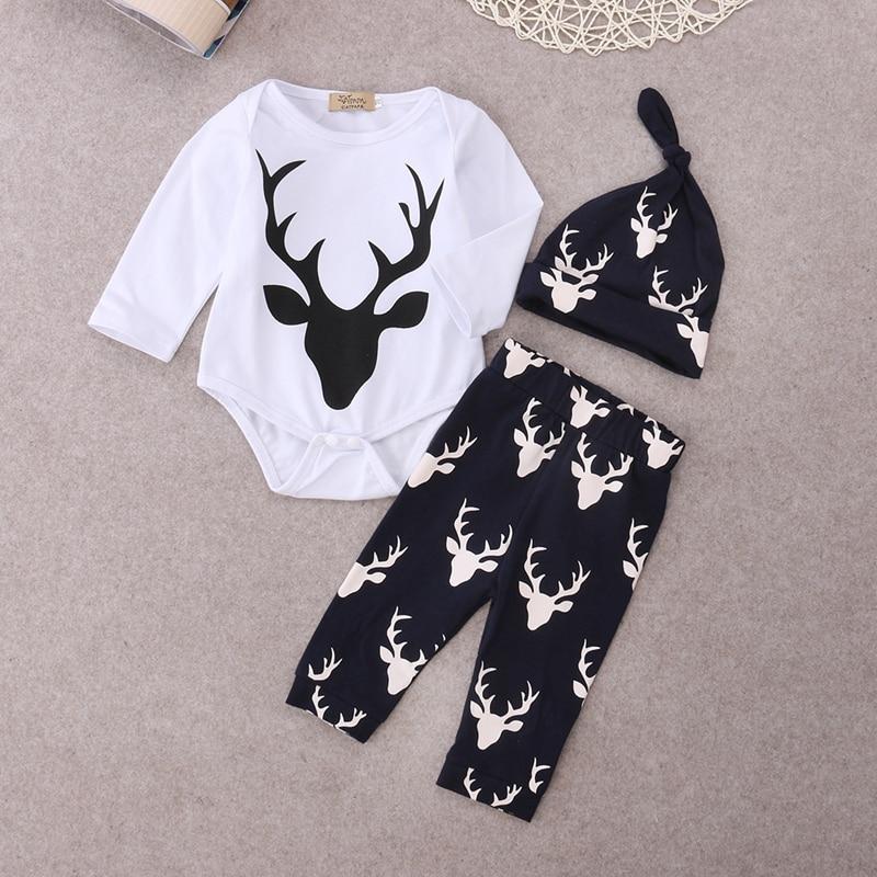 Winter Newborn Infant Baby Girls Boy Deer Long Sleeve Cotton Tops T-shirt+Long Pants+Hat 3pcs Outfits Set - ebowsos