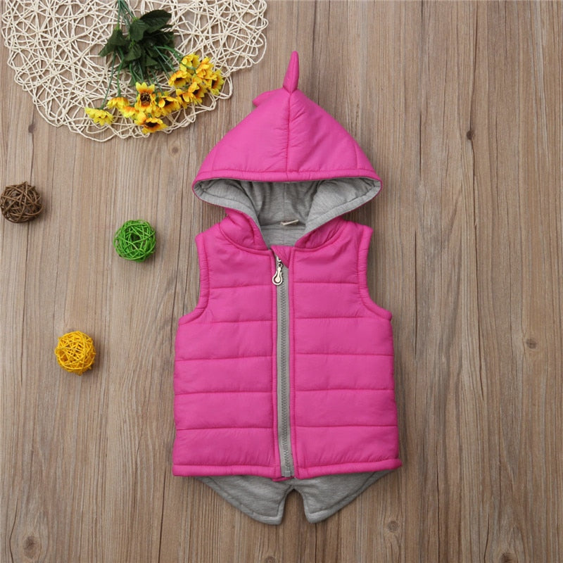 Winter Warm Kids Baby Girl Dinosaur Cotton-padded Waistcoat Jacket Solid Sleeveless Hooded Outwear Zipper Vest 6M-5Y - ebowsos