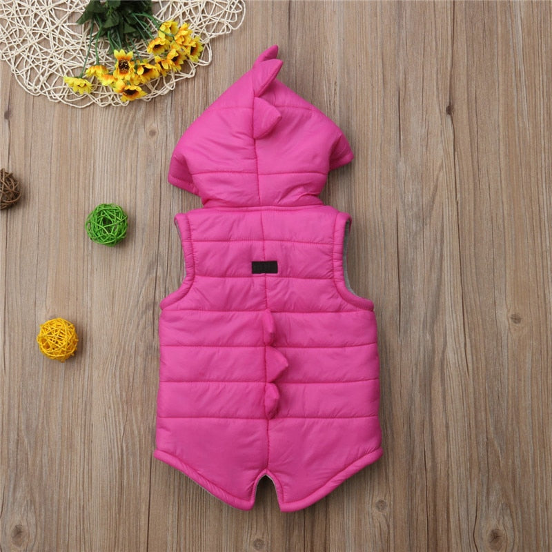 Winter Warm Kids Baby Girl Dinosaur Cotton-padded Waistcoat Jacket Solid Sleeveless Hooded Outwear Zipper Vest 6M-5Y - ebowsos