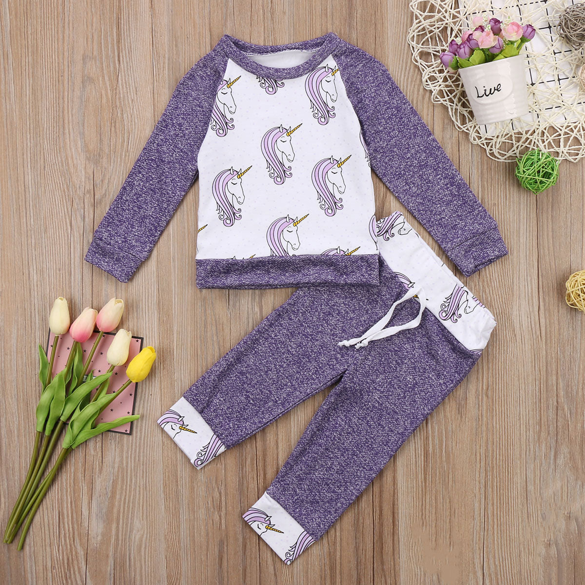 Winter Warm Unicorn Newborn Toddler Baby Kids Girls Top Long Sleeve Cotton T-shirt+Long Pants Leggings Clothes Outfit Set - ebowsos