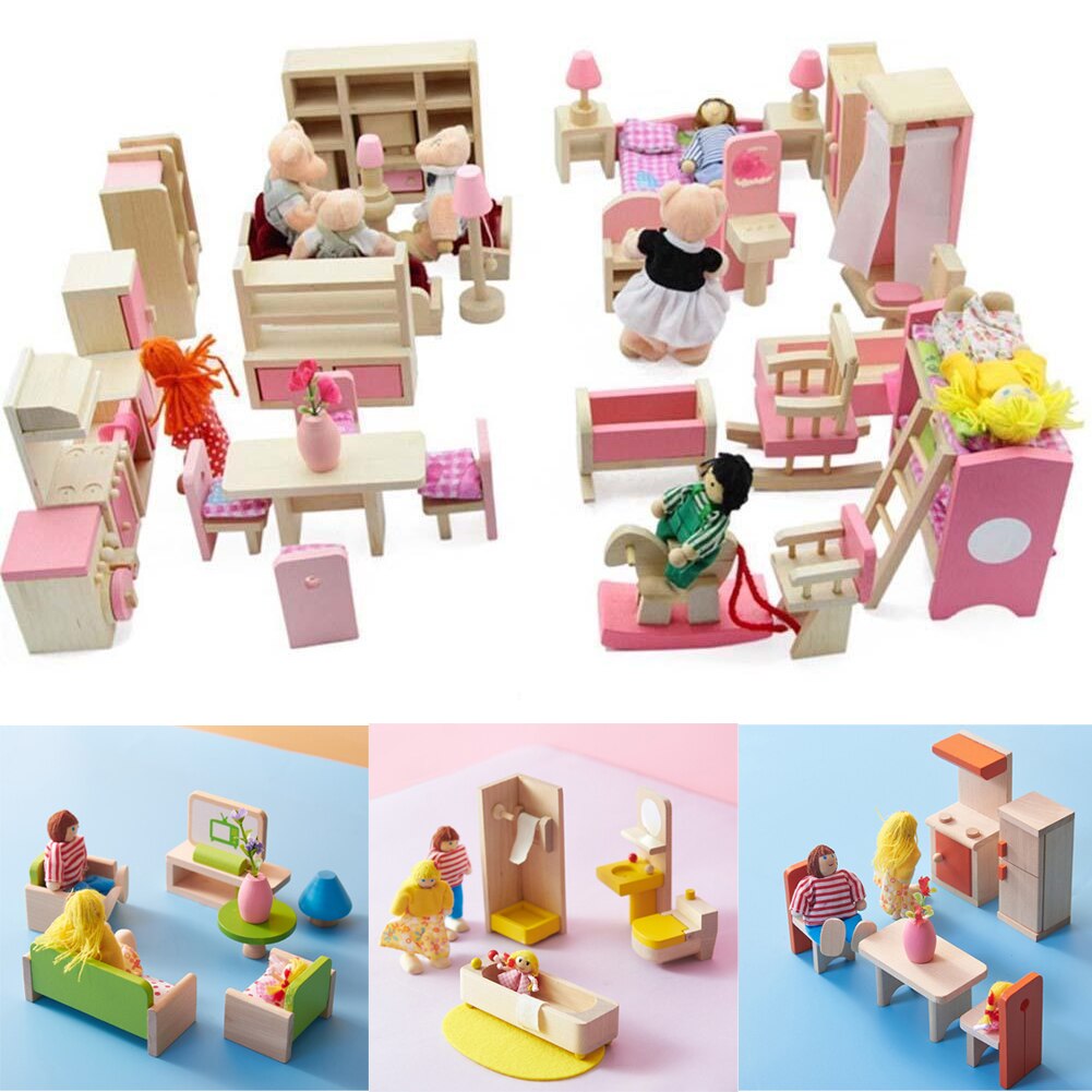 Wooden Dollhouse Furniture Toy Sets Exquisite Miniature 6 Room Doll furniture For Kids Child Toy Gifts Hot-ebowsos