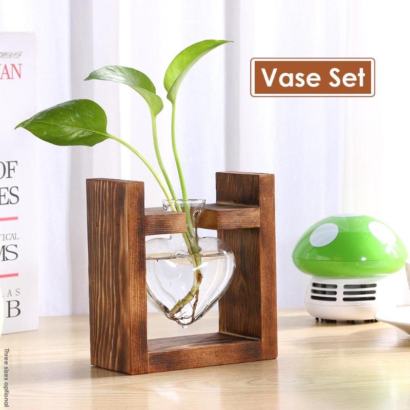 Wooden Frame Glass Hydroponic Plant Vase Flower Pot Office Home Decorations Simple Romantic Wood Frame Support High Quality - ebowsos