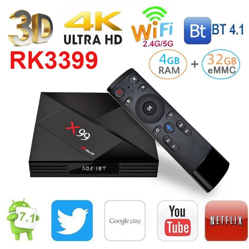 X99 Android 7.1 Smart TV Box RK3399 4GB RAM 32GB ROM 5G WiFi 4K TV Set-top Box Media Player With Voice Remote Control Hot Sale - ebowsos