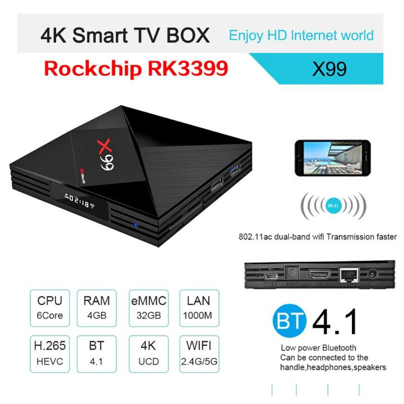 X99 Android 7.1 Smart TV Box RK3399 4GB RAM 32GB ROM 5G WiFi 4K TV Set-top Box Media Player With Voice Remote Control Hot Sale - ebowsos