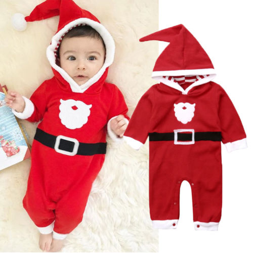 XMAS Newborn Baby Boys Girls Fleece Hooded Cotton Long Sleeve Romper Jumpsuit Outfits Warm Baby Clothes - ebowsos