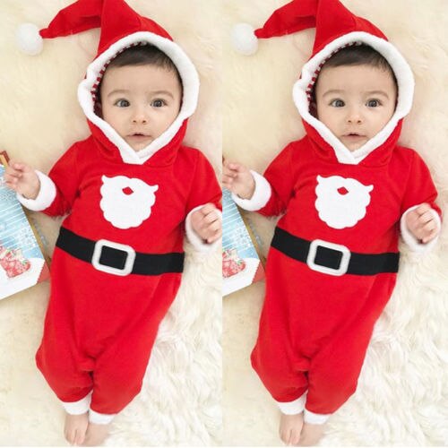 XMAS Newborn Baby Boys Girls Fleece Hooded Cotton Long Sleeve Romper Jumpsuit Outfits Warm Baby Clothes - ebowsos