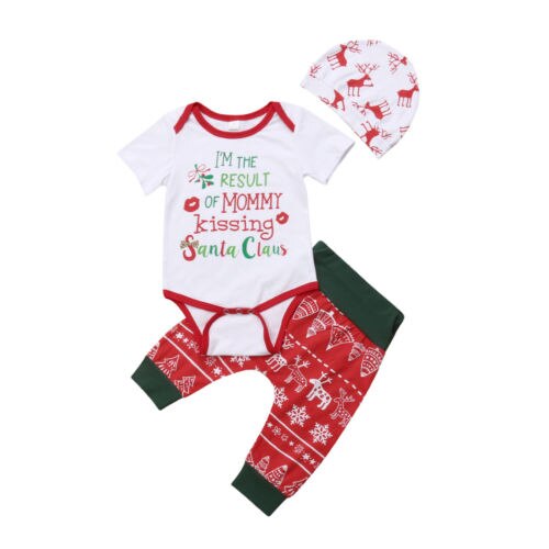 XMAS Newborn Baby Girl Boys Cotton 3Pcs Ste Cotton Romper Jumper+Pants+Hat Outfits Clothing - ebowsos