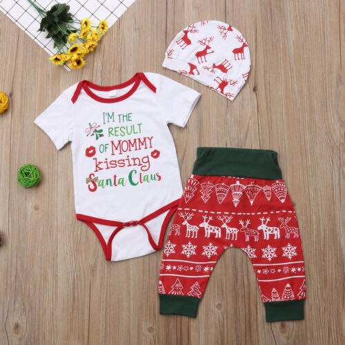 XMAS Newborn Baby Girl Boys Cotton 3Pcs Ste Cotton Romper Jumper+Pants+Hat Outfits Clothing - ebowsos