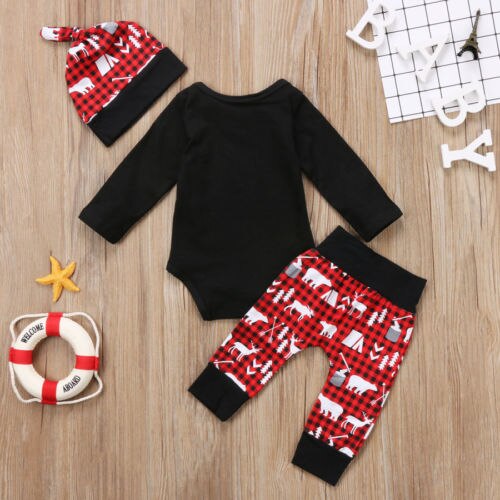 Xmas Kids Baby Boy Girls Plaid Tops Romper Long Sleeve Long Pants Hat Outfits Set Clothes 3Pcs - ebowsos