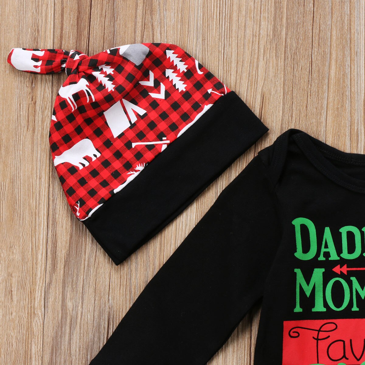 Xmas Kids Baby Boy Girls Plaid Tops Romper Long Sleeve Long Pants Hat Outfits Set Clothes 3Pcs - ebowsos