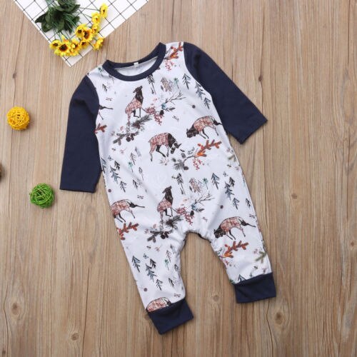 Xmas Newborn Baby Boys Girls Deer Top Romper Jumpsuit Long Pants Outfits Clothes - ebowsos