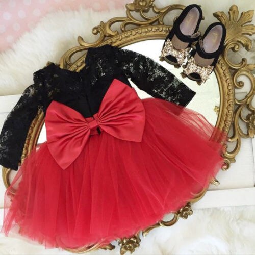 Xmas Princess Kids Baby Girls Clothes Lace Flower Dress Bow Tutu Patchwork Tutu Party Birthday Dresses Clothing - ebowsos